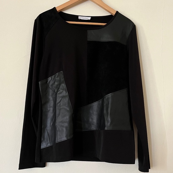 ❌Sold❌ CALVIN KLEIN Retro Faux Leather and Suede Patchwork Long Sleeve Blouse - Picture 1 of 6
